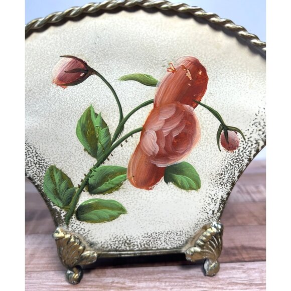 Galvanize/Metal Footed Fan Flare Top Planter/Vase With Hand Painted Pink Roses & - Picture 2 of 5